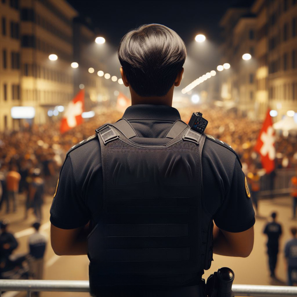 Agent de sécurité surveillant une manifestation publique ne Suisse